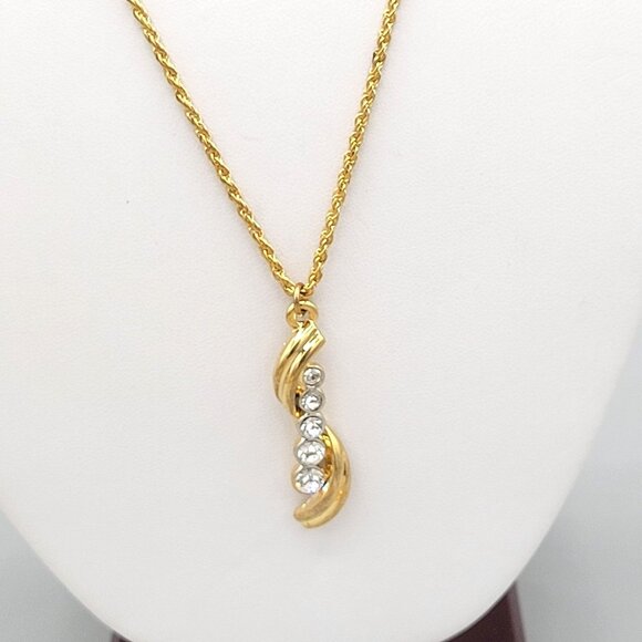S Curve Pendant Necklace With Five CZ Cubic Zirconia 18" Gold Tone Chain - Picture 1 of 8